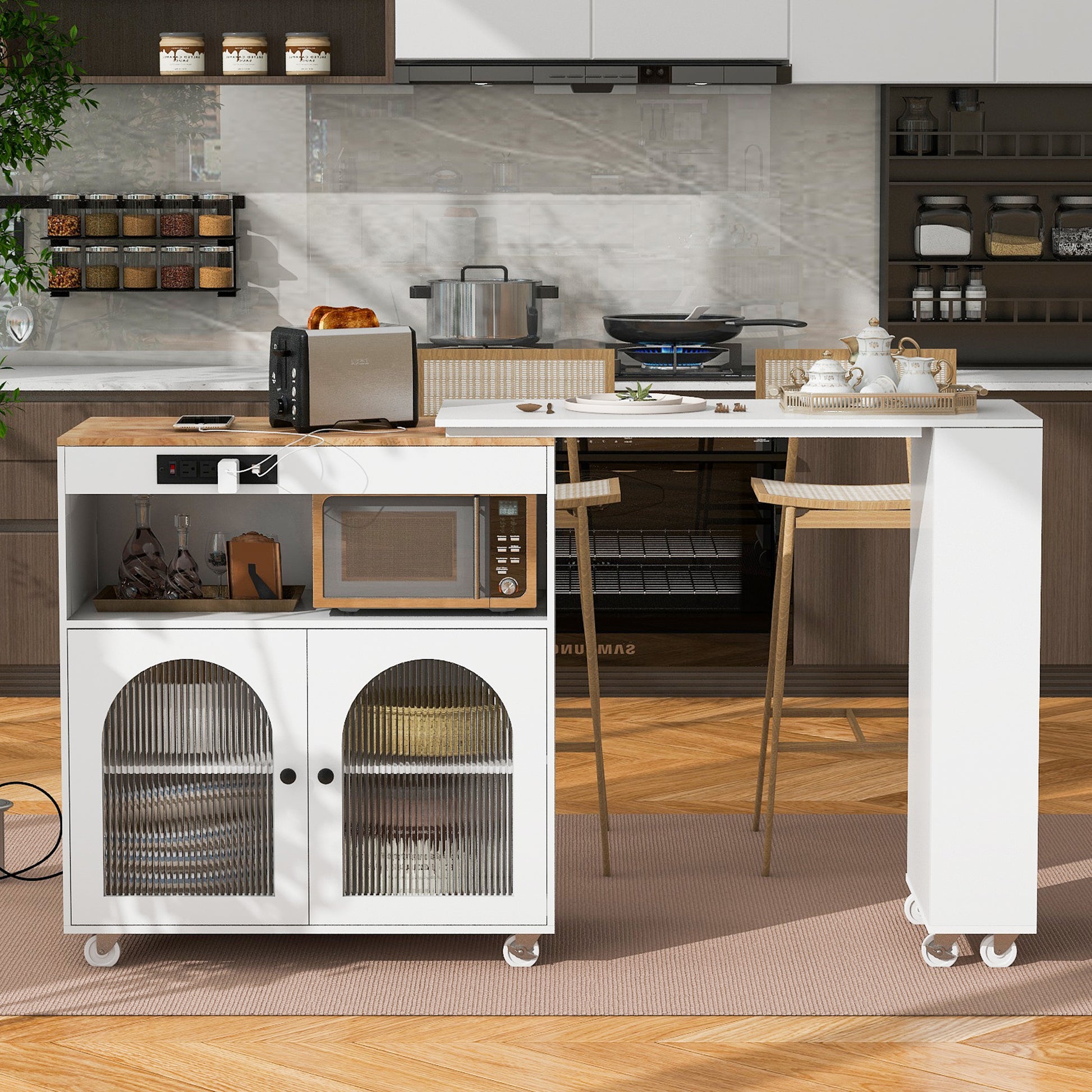K&k Rolling Kitchen Island with Extended Table - White - primary color shot