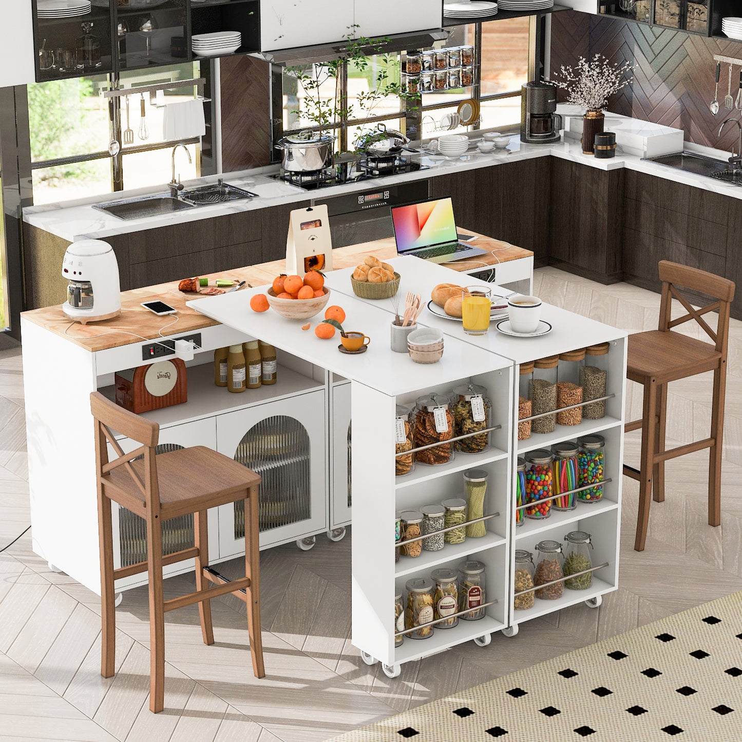K&k Rolling Kitchen Island with Extended Table - White - detail view 2