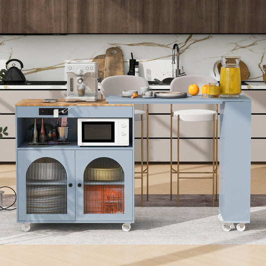 K&k Rolling Kitchen Island with Extended Table - Grey & Blue - primary color shot