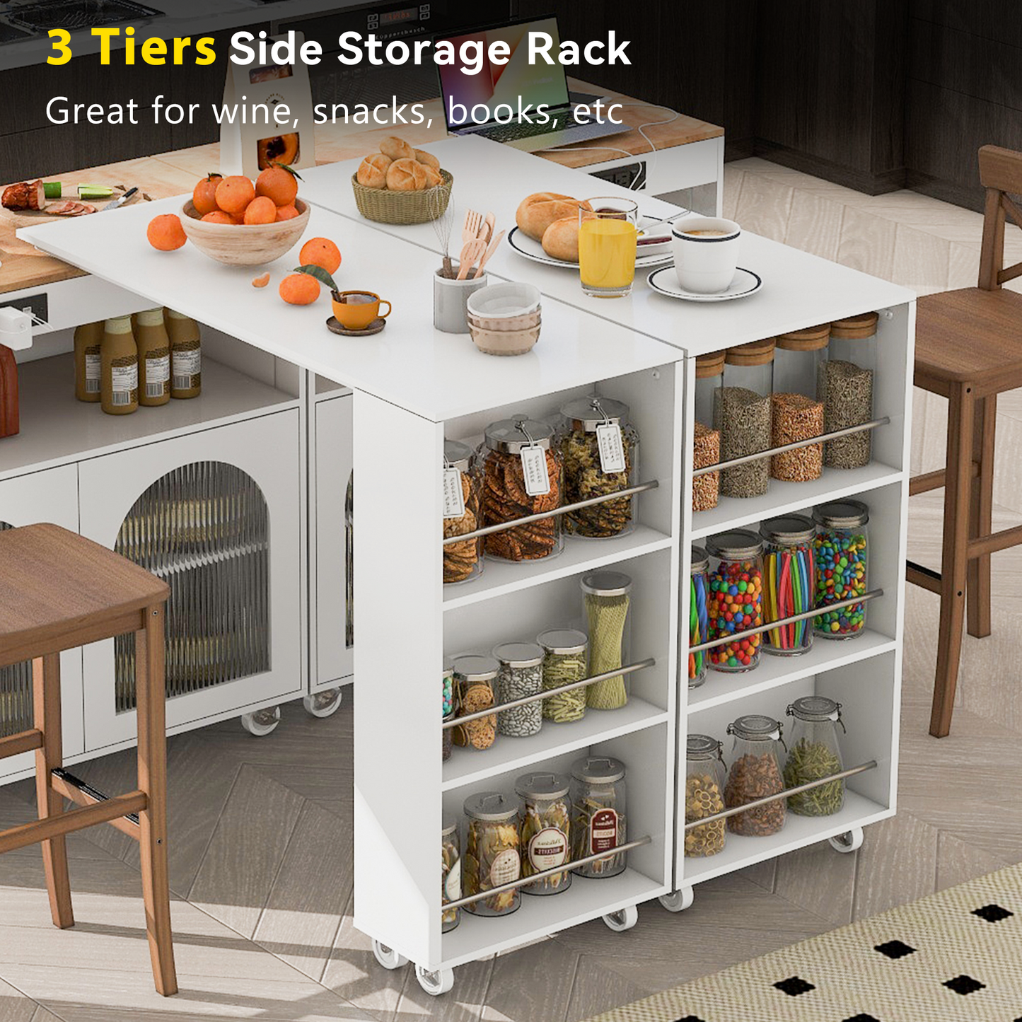 K&k Rolling Kitchen Island with Extended Table - White - detail view 7