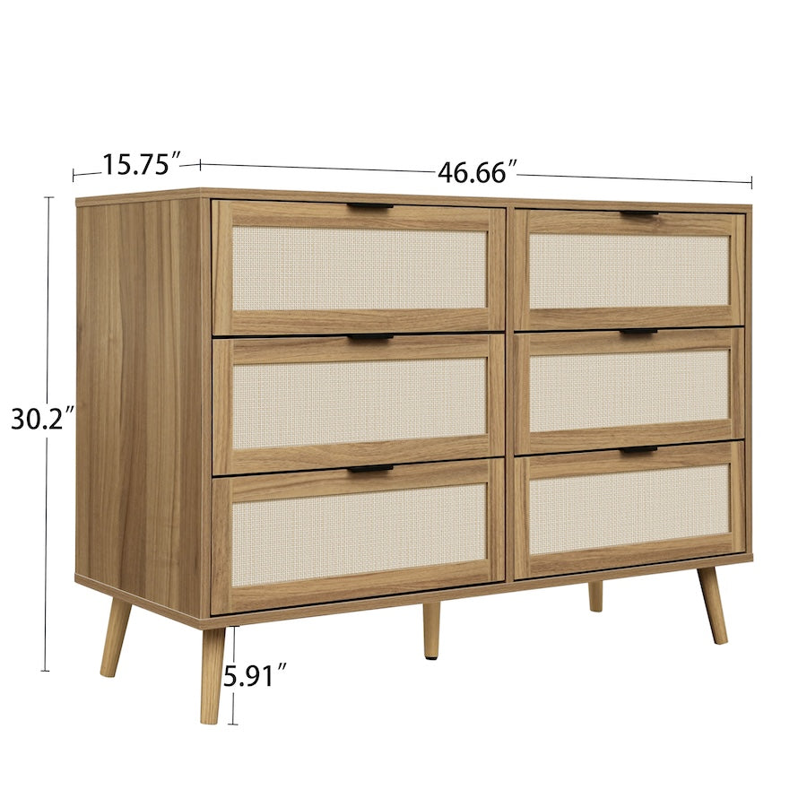 Zeal 6-Drawer Dresser with Rattan Drawer Fronts - Walnut