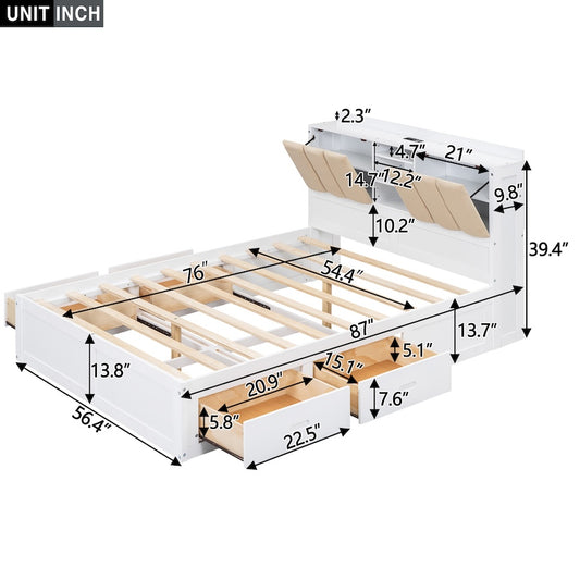 Vistara Full Size Bookcase Storage Bed with 4 Drawers - White
