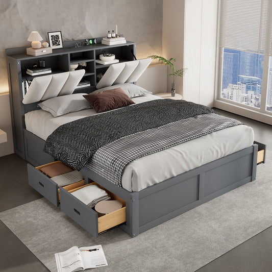 Vistara Full Size Bookcase Storage Bed with 4 Drawers - Gray