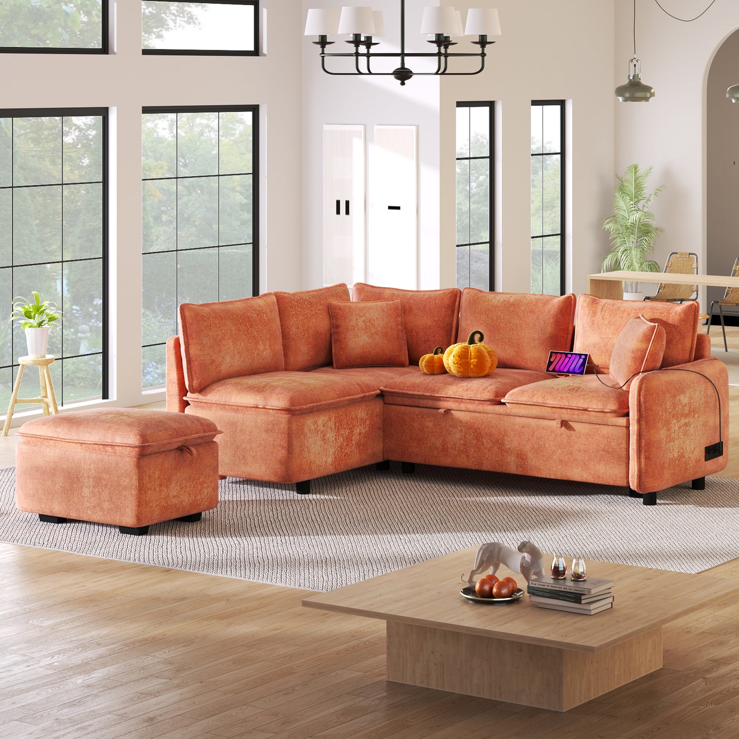 Convertible L-shaped Sofa Bed with Storage Ottoman, Power Sockets & USB Ports, Orange Chenille, 82.67' - detail view 2