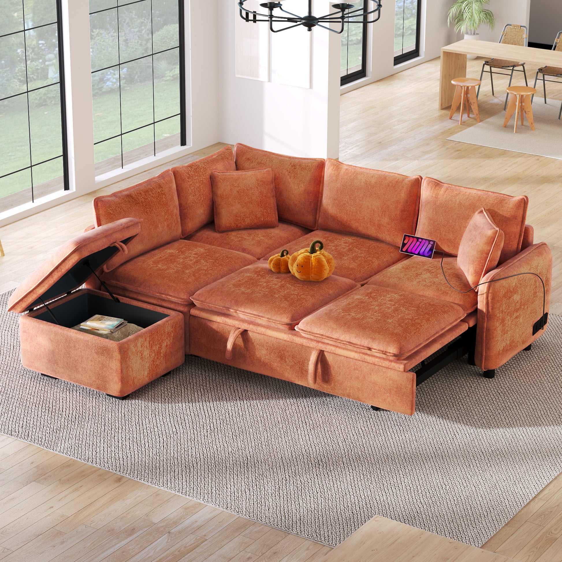 Convertible L-shaped Sofa Bed with Storage Ottoman, Power Sockets & USB Ports, Orange Chenille, 82.67' - detail view 4