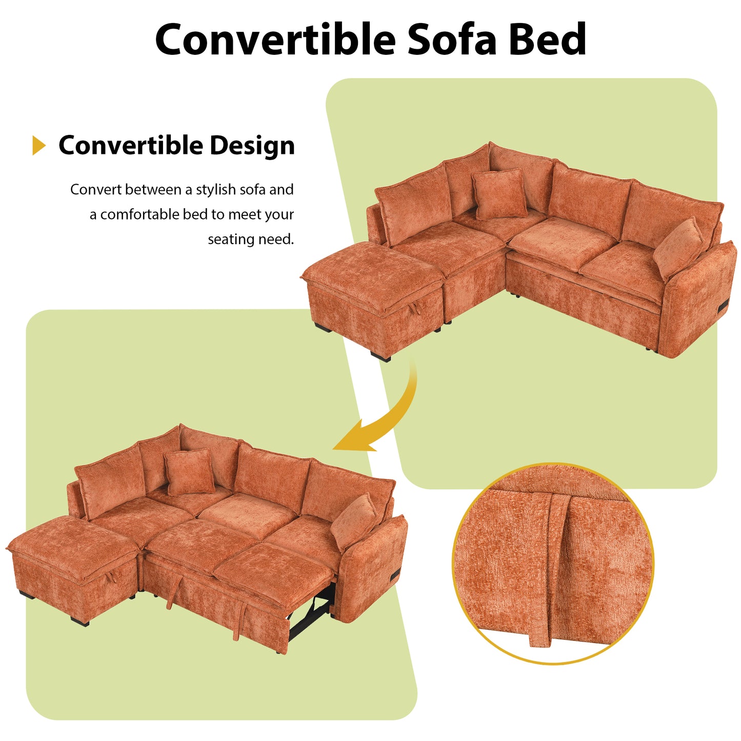Convertible L-shaped Sofa Bed with Storage Ottoman, Power Sockets & USB Ports, Orange Chenille, 82.67' - detail view 5