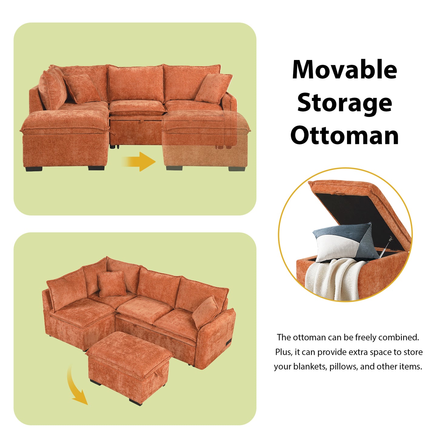 Convertible L-shaped Sofa Bed with Storage Ottoman, Power Sockets & USB Ports, Orange Chenille, 82.67' - detail view 6