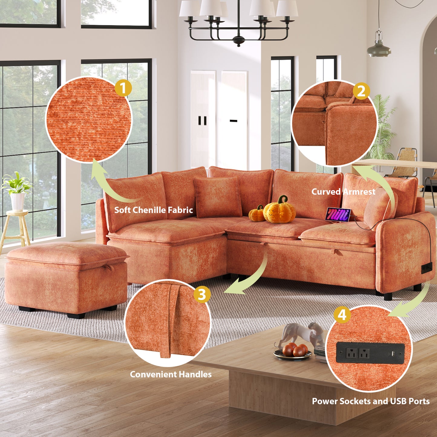 Convertible L-shaped Sofa Bed with Storage Ottoman, Power Sockets & USB Ports, Orange Chenille, 82.67' - detail view 7