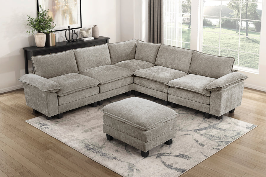 Modern Contemporary 6-Piece Modular Sectional with Ottoman Plush Comfort Chenille Upholstery Living Room Furniture Durable Plywood - detail view 7