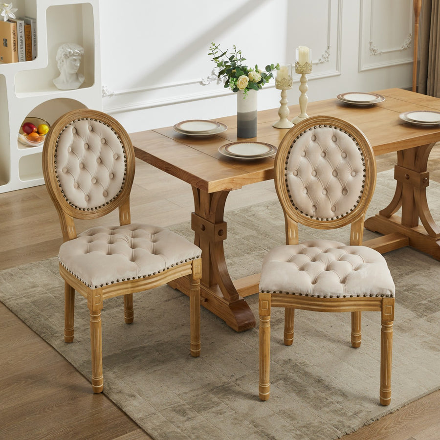 Beige Velvet Nailhead Trim Dining Chairs with Wood Legs (Set of 2)