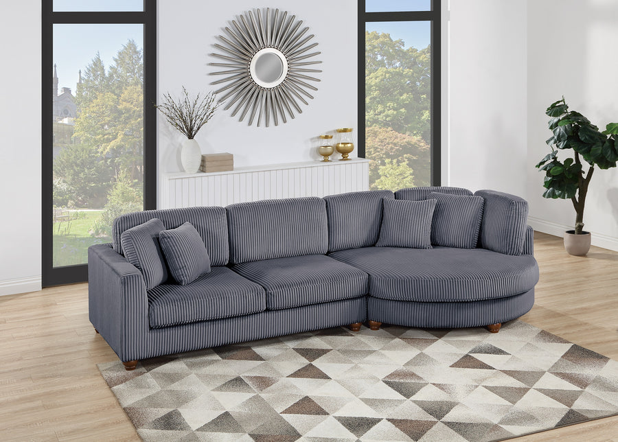 Contemporary 2pc Sectional Set XL Plush Corduroy Fabric Dark Gray LAF Sofa RAF Round Chaise w Pillows Living Room Couch - primary color shot