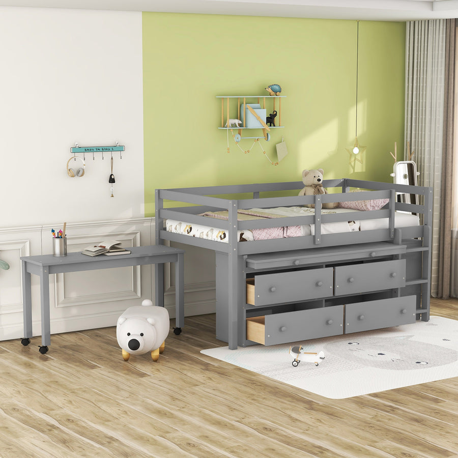 Twin Size Loft Bed with Retractable Writing Desk and 4 Drawers - Gray - primary color shot