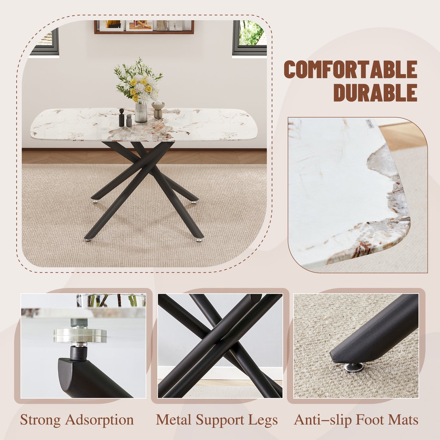 63" Luxurious White Marble-Patterned Tempered Glass Dining Table.single Fork Black Metal Table Legs.tempered Glass Table Top - detail view 6