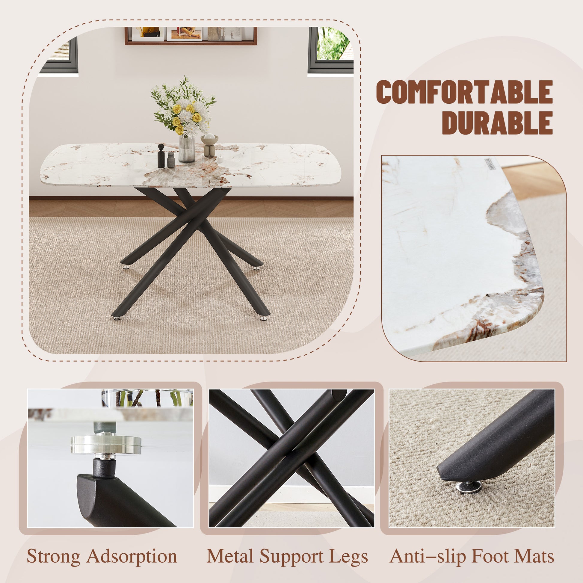 63" Luxurious White Marble-Patterned Tempered Glass Dining Table.single Fork Black Metal Table Legs.tempered Glass Table Top - detail view 6