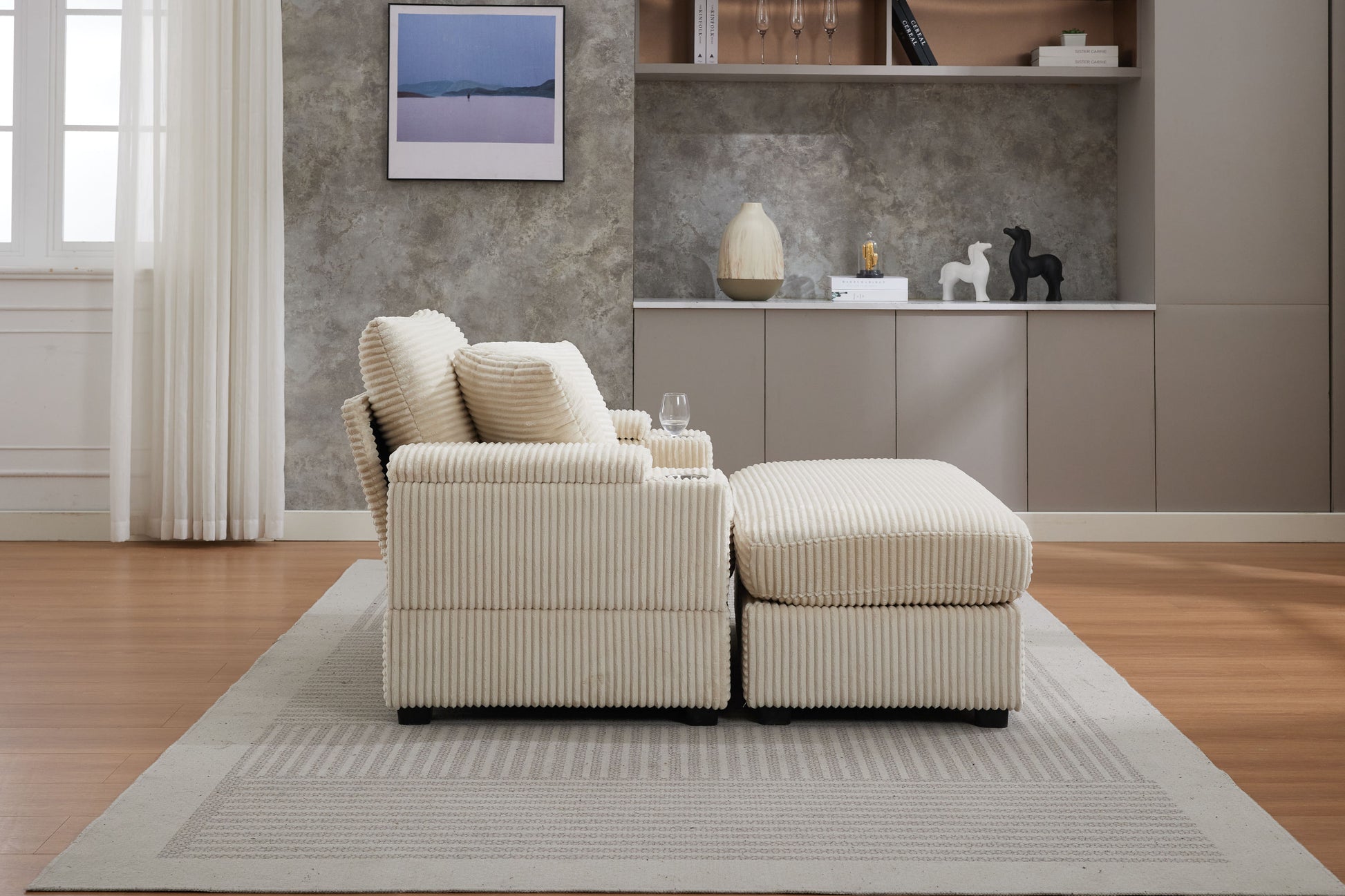 [video/new]corduroy Upholstered Chaise Lounge Sofa with Handrail Storage - Beige - detail view 2