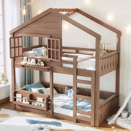 Twin Size Bunk Bed/loft Bed with Bookshelf - Natural - primary color shot