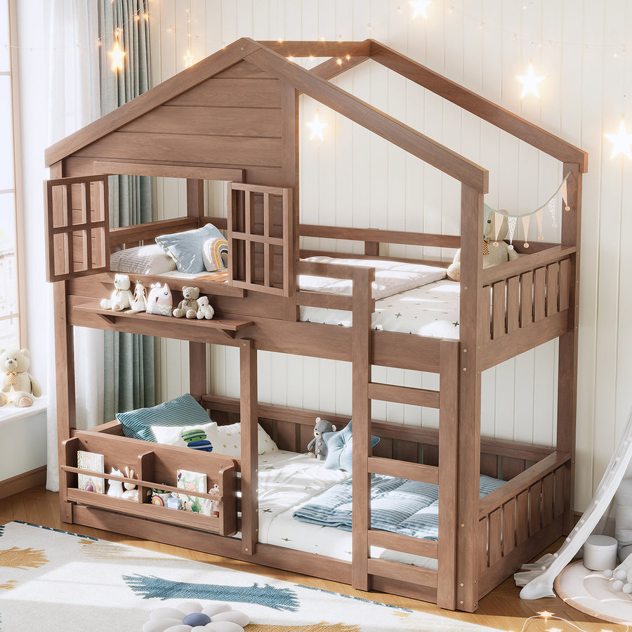 Twin Size Bunk Bed/loft Bed with Bookshelf - Natural - primary color shot