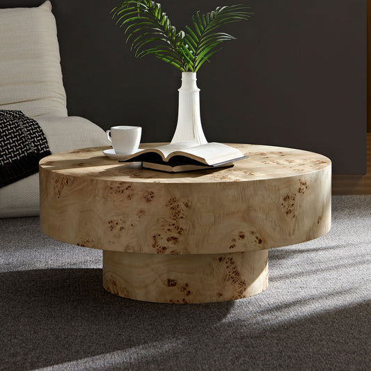 31"mid Century Modern Round Wood Coffee Table with Burl Wood Veneer and Sturdy Pedestal - Natural - detail view 2