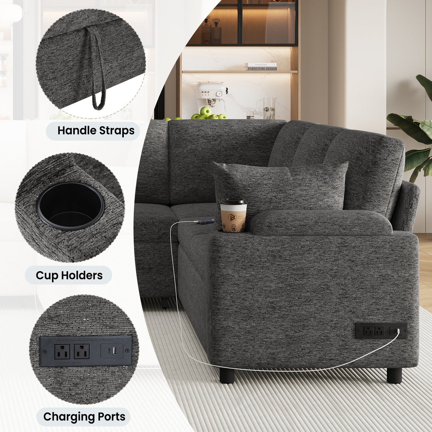 Versatile U-Shaped Sectional Bed with Storage - Grey - detail view 7