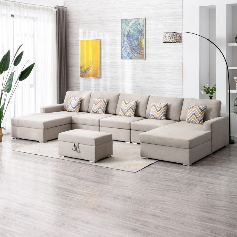 Nolan 152' Beige Linen Fabric 6Pc Double Chaise Sectional Sofa with Interchangeable Legs, Storage Ottoman, and Pillows - primary color shot