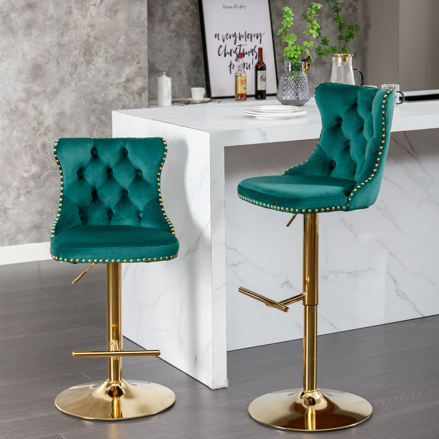 Green Velvet Tufted Bar Stool with Gold Legs (Set of 2)