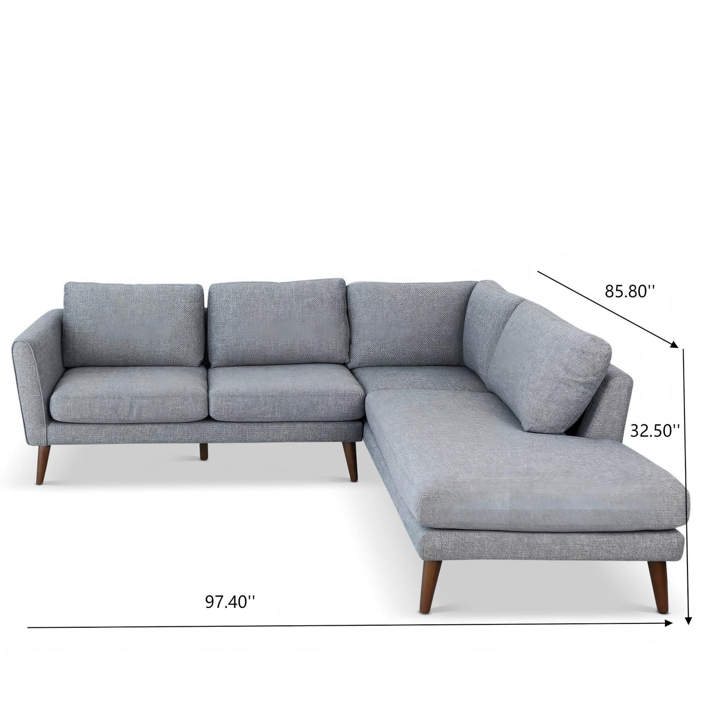 Benson Mid-Century Modern Grey Fabric Sectional Sofa with Right Facing Chaise and Solid Wood Frame - detail view 3