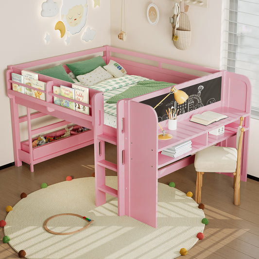 Full Loft Bed with Multi-Storage Bookcases - Pink - primary color shot