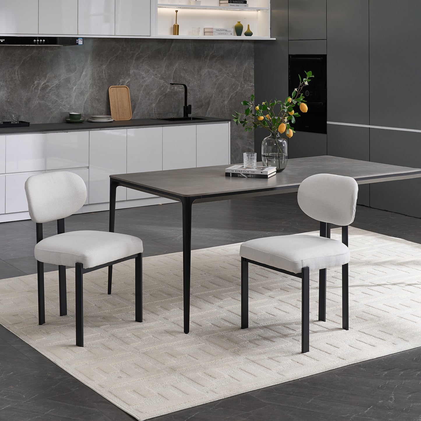 Liora Armless Bouclé Dining Chairs with Black Metal Frame (Set of 2)