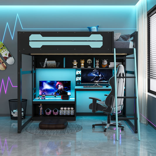 Full Size Wood Loft Bed with Desk - Black+blue - detail view 2