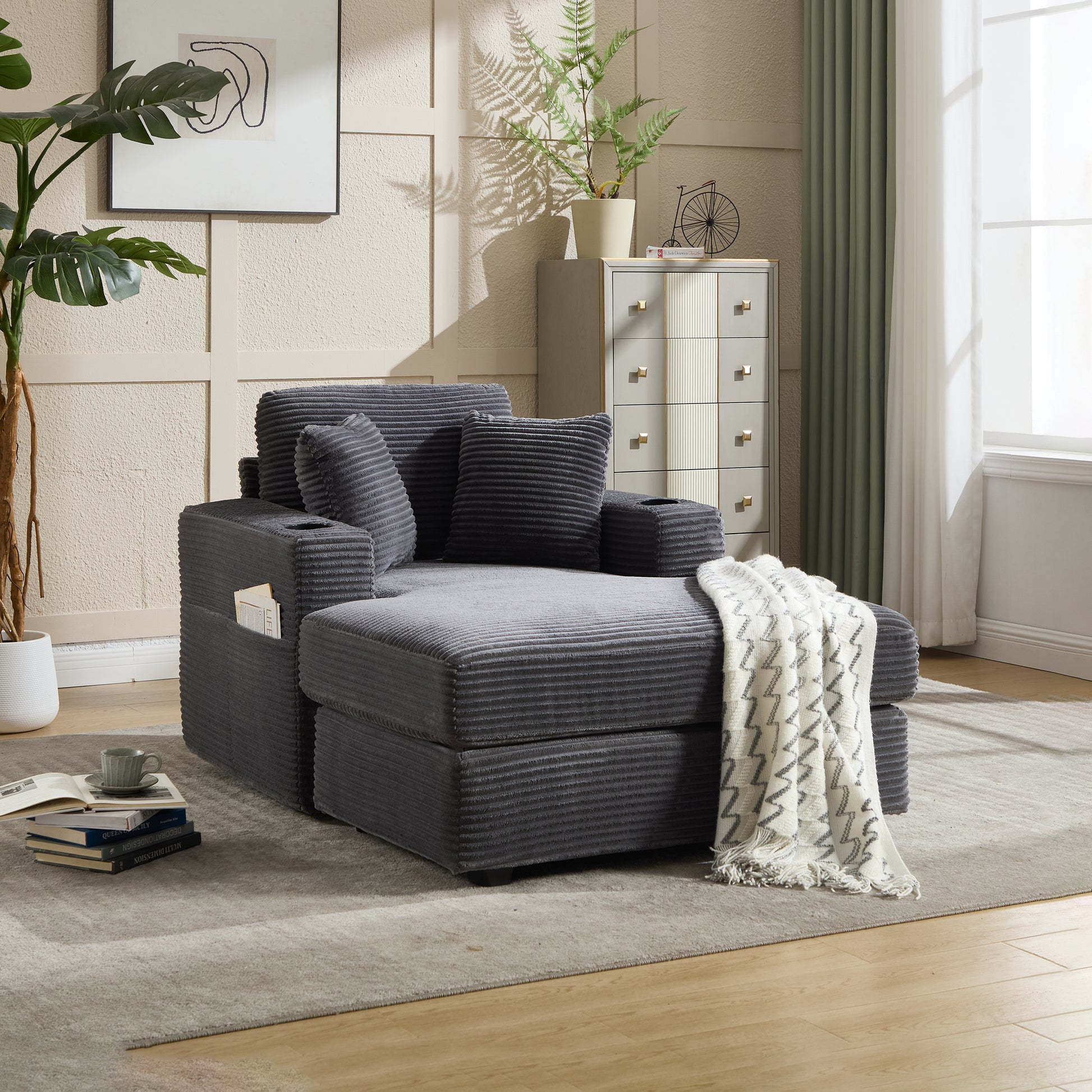 [new]corduroy Upholstered Chaise Lounge Sofa - Grey - detail view 2