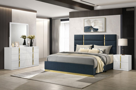 Ines Contemporary Queen Bedroom Set with Gold Accents – Navy & White High Gloss