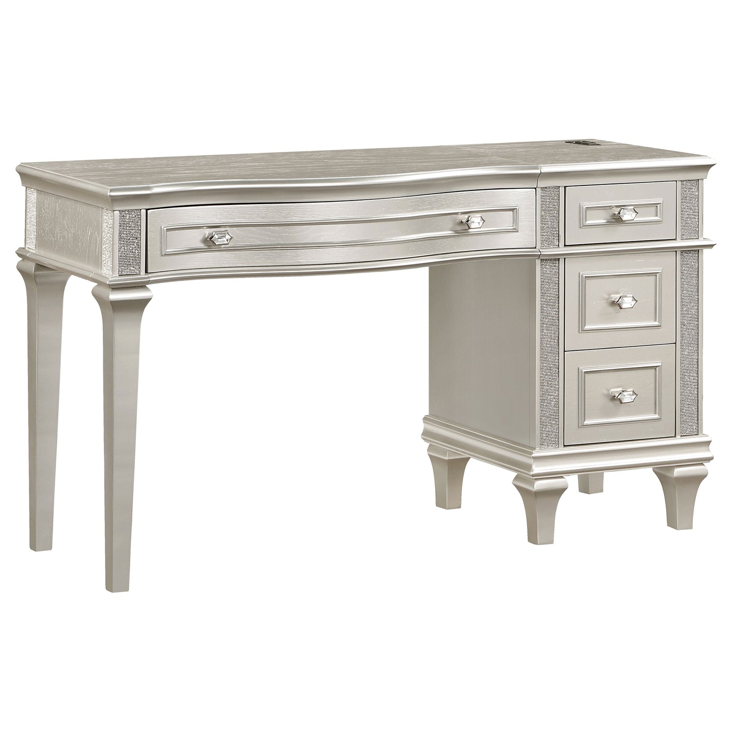 Evangeline 4-Drawer Vanity Table with Faux Diamond Trim - Silver & Ivory