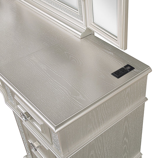 Evangeline 4-Drawer Vanity Table with Faux Diamond Trim - Silver & Ivory
