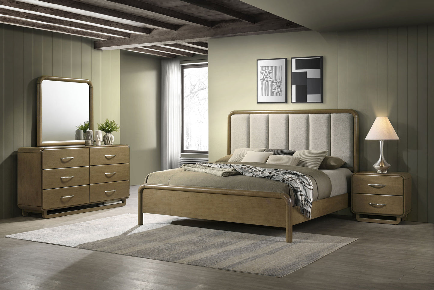 Amsbury Modern Bedroom Set, Warm Nutmeg & Beige Boucle