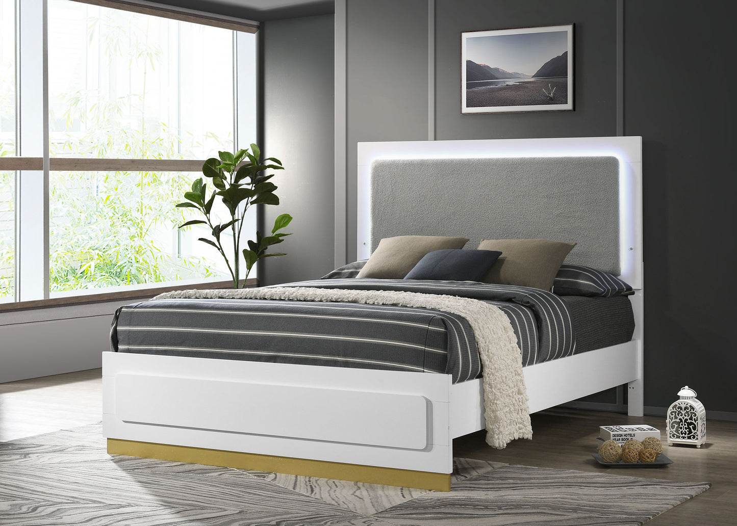 Caraway Wood Queen LED Panel Bed – White