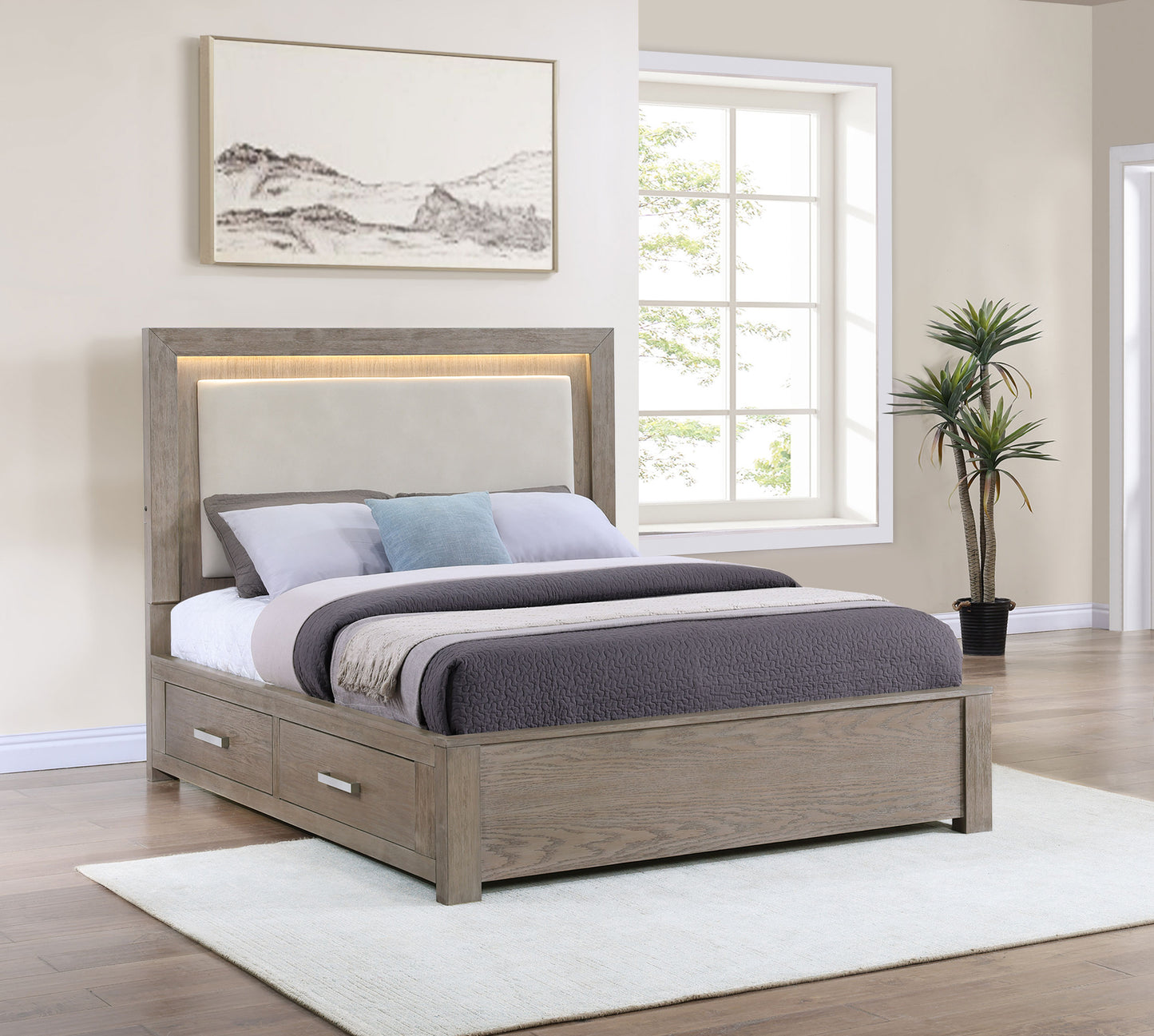 Kenora 56-inch Queen LED Storage Bed – Barley Brown