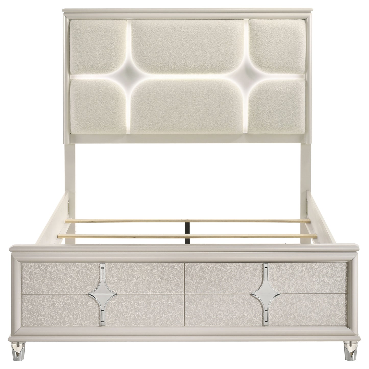 Olivia Eastern King Upholstered Bed – Ivory Bouclé with LED Lighting