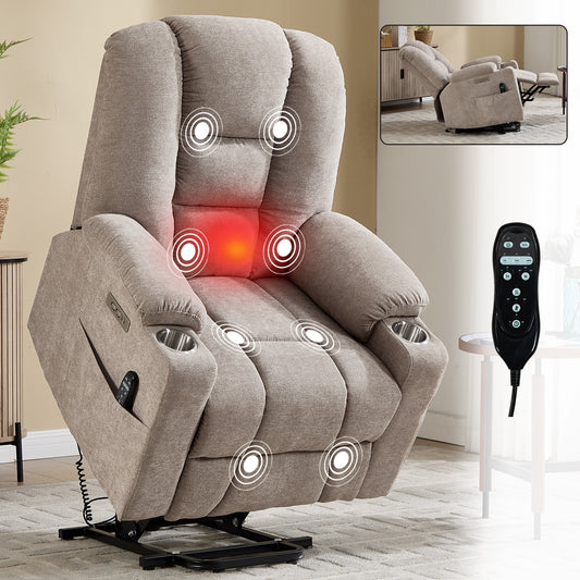Power Lift Recliner Chair with Massage and Heat for Elderly - Khaki - primary color shot