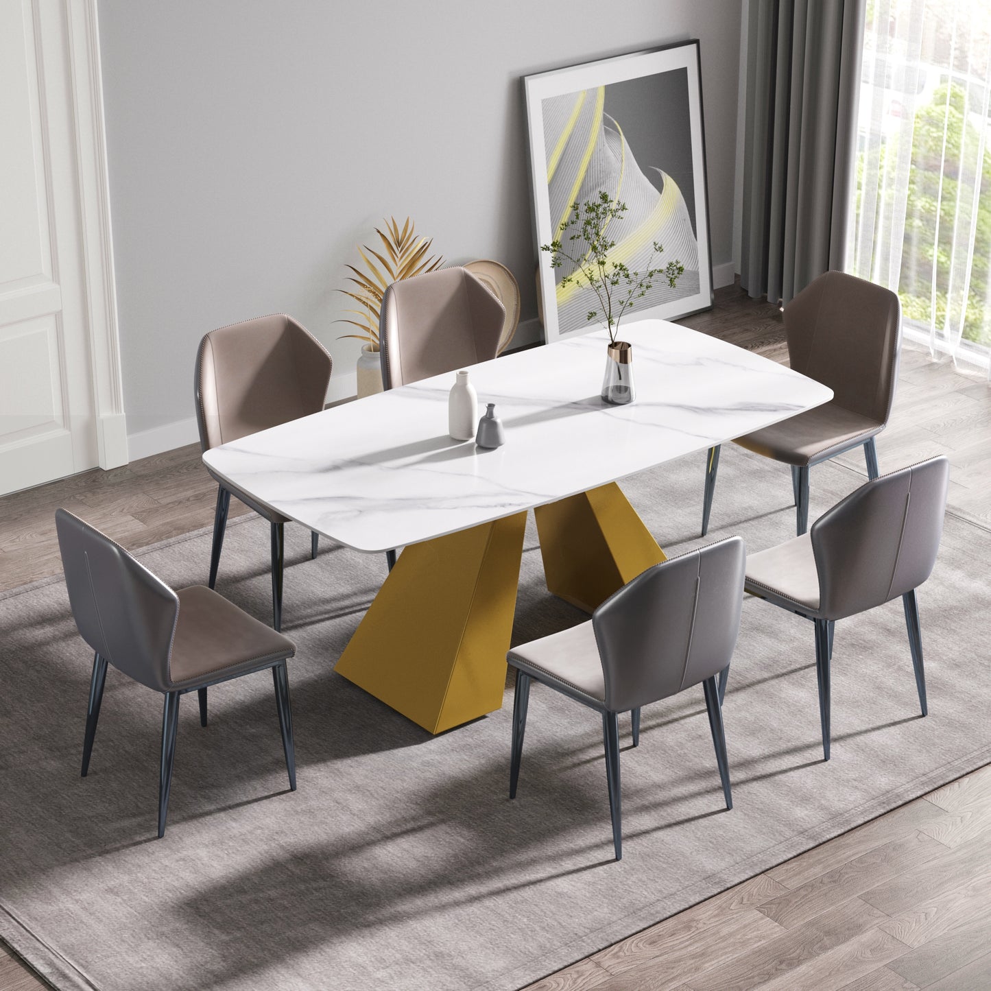 Beryl 70.87"Modern Sintered Stone Dining Table with White Top & Gold Base