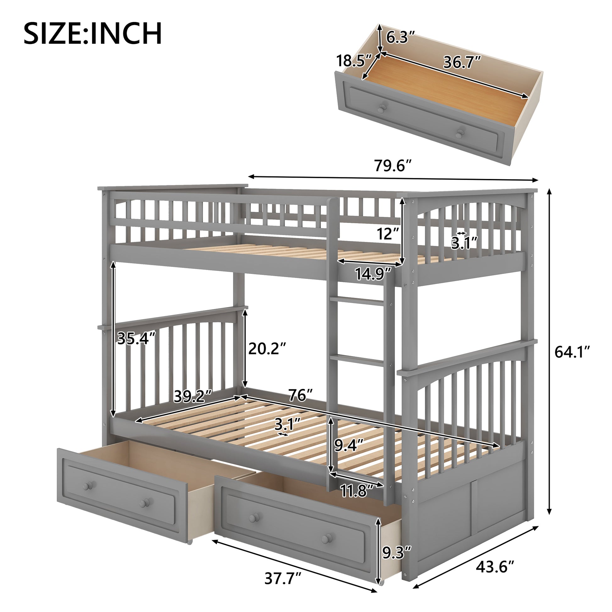 Philips Twin Size Wooden Bunk Bed with Storage Drawers, Gray