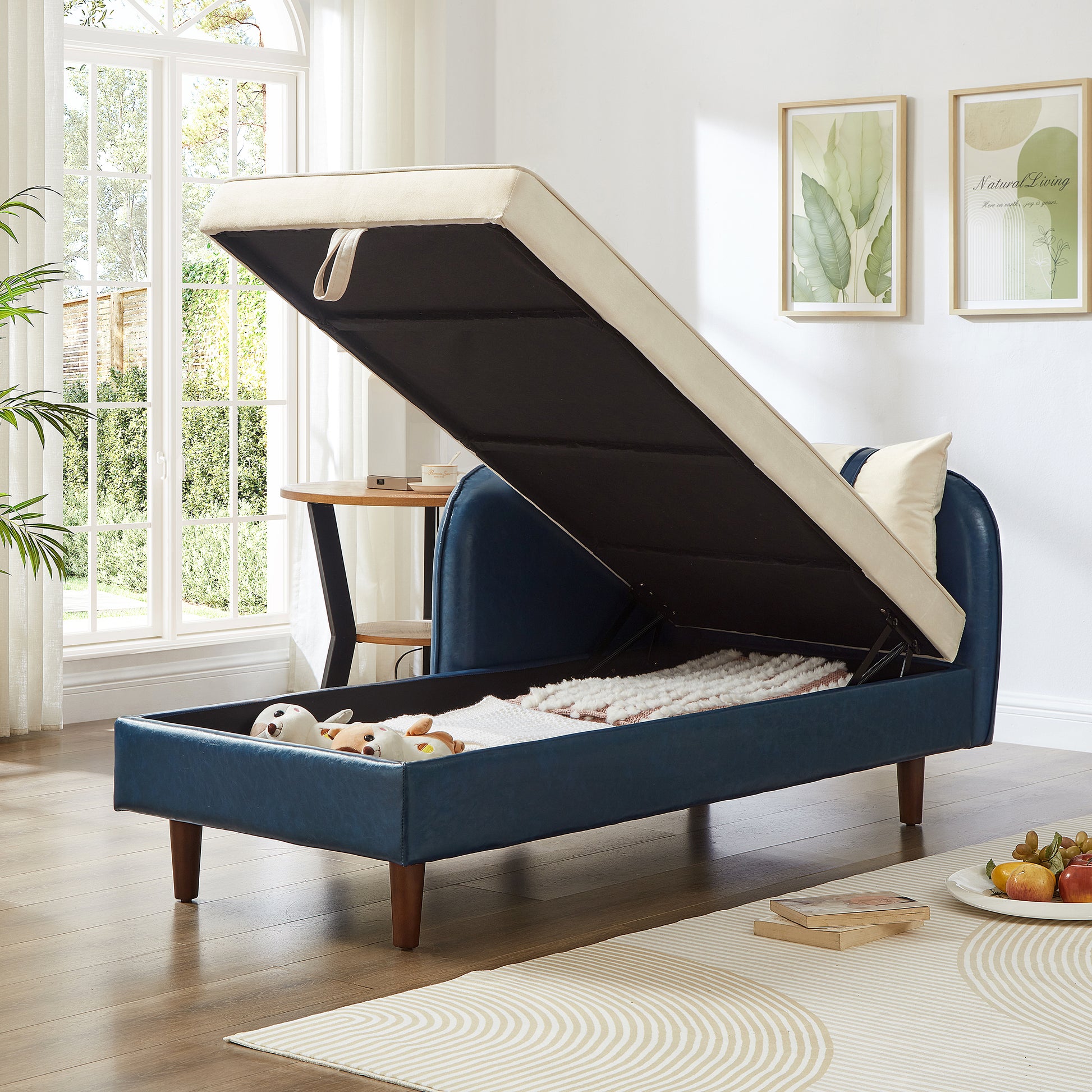 65" Storage Chaise Lounge Sofa Navy Blue PU & Beige Velvet - detail view 4