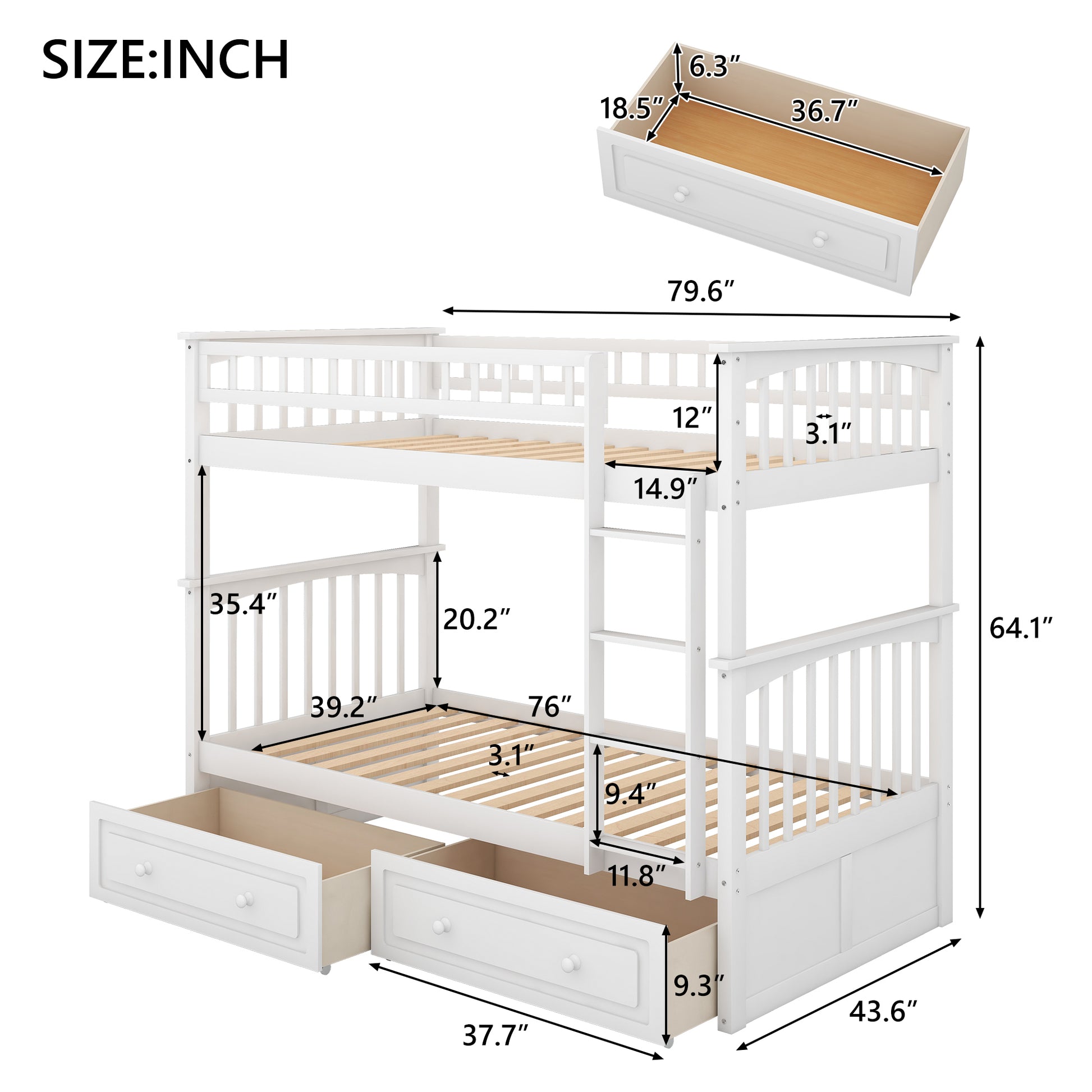 Philips Twin Size Wooden Bunk Bed with Storage Drawers, White