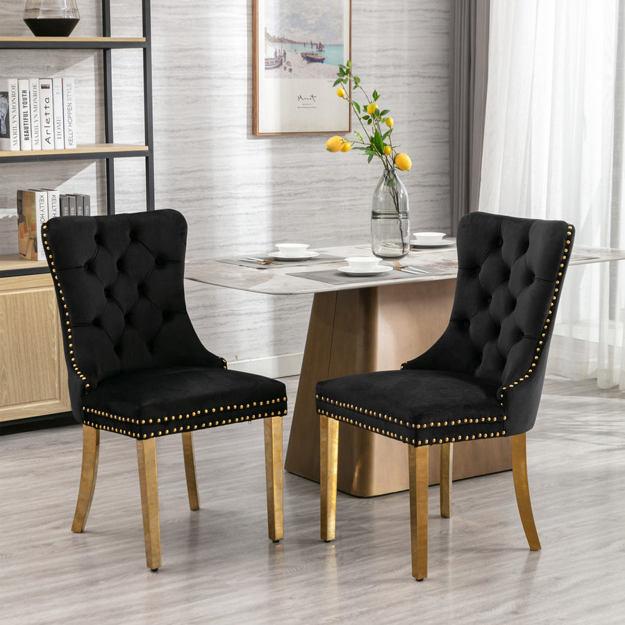 Black Velvet Tufted Nailhead Trim Dining Chairs with Brushed Silver Legs (Set of 2)