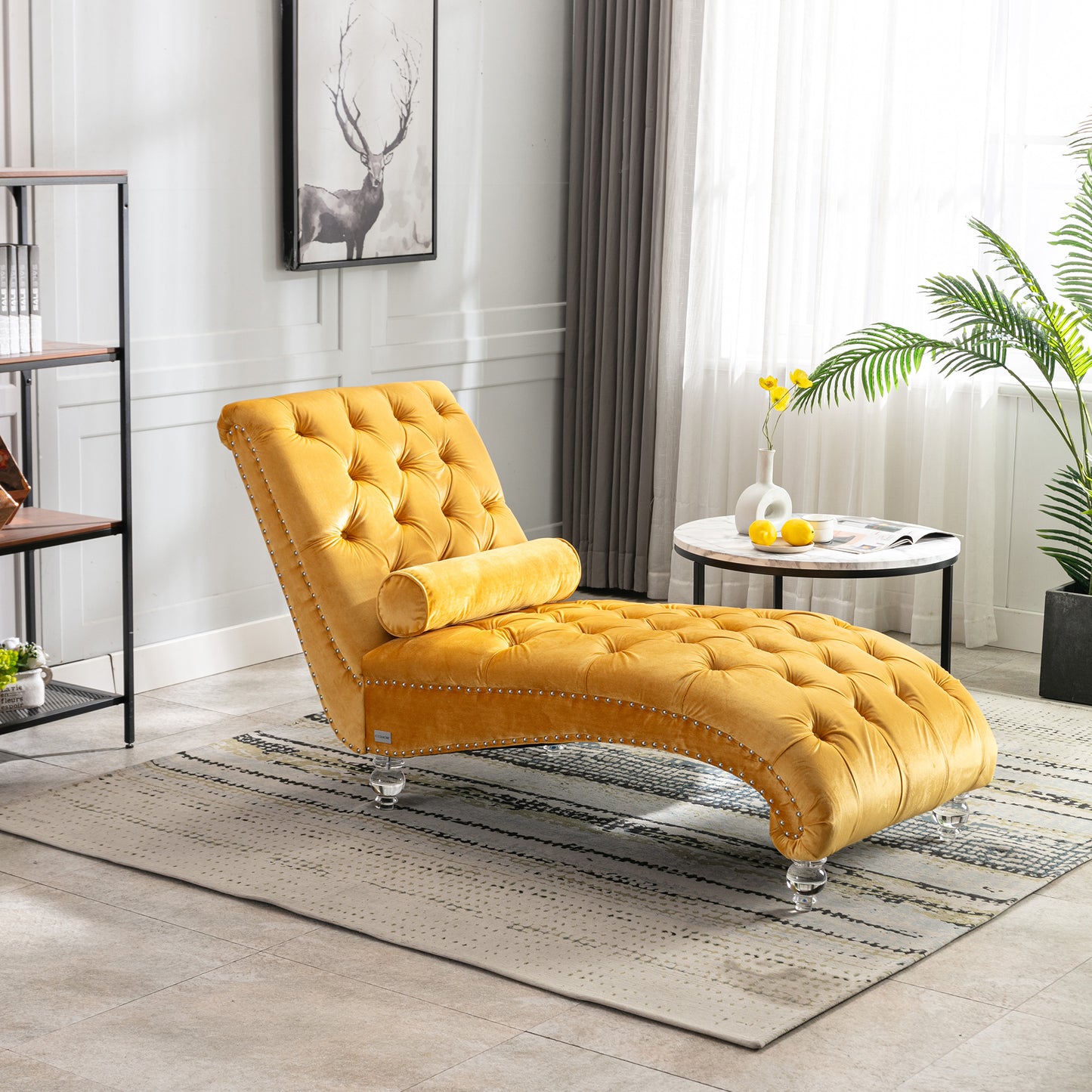 Mustard Velvet Tufted Chaise Lounge with Wood Legs - detail view 7