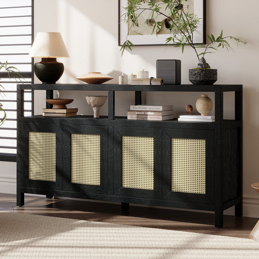 TREXM Bohemian Style Rattan Buffet Storage Cabinet with Solid Wood Frame - Black - primary color shot