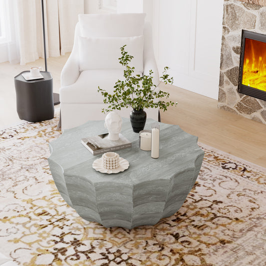 Modern Round Coffee Table in Marble White with Durable Mgo Cement Construction - Marble,white - detail view 6