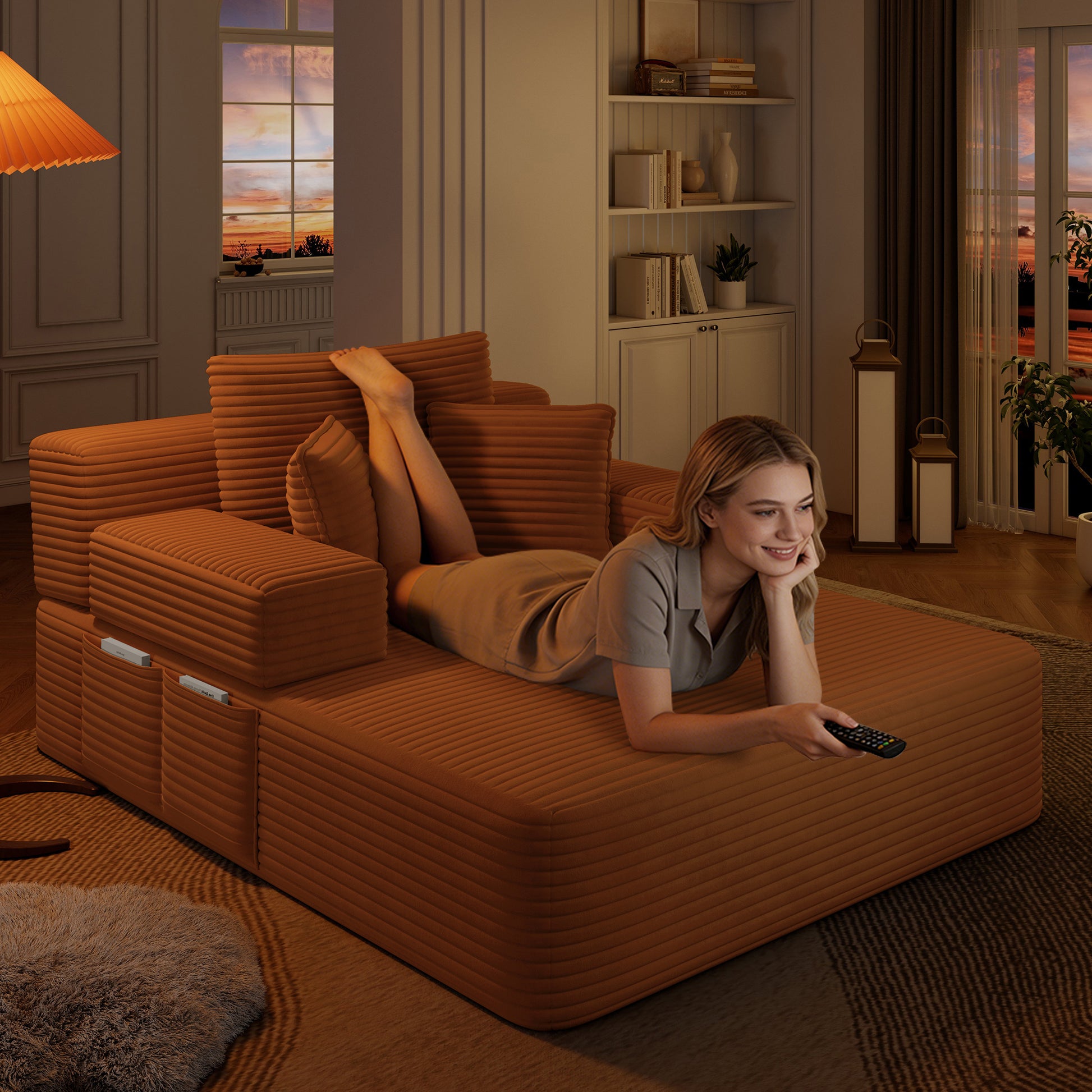 Luxurious Plush Corduroy Chaise Lounge with 3 Pillows - Orange - detail view 6