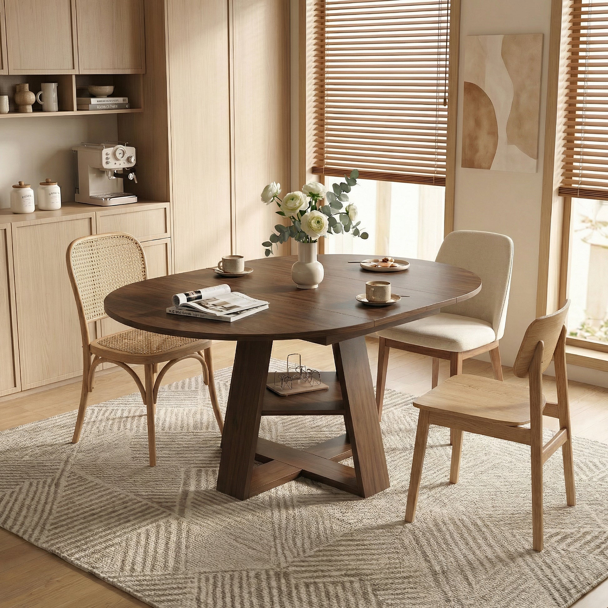 43.3in-59in Extendable Round Dining Table for 4-8,Modern Kitchen Oval Dining Table with Removable Leaves Space Saving,Wood Base with Storage Shelf for Kitchen Living Room ((Walnut)) - Finally Home Furnishings LLC