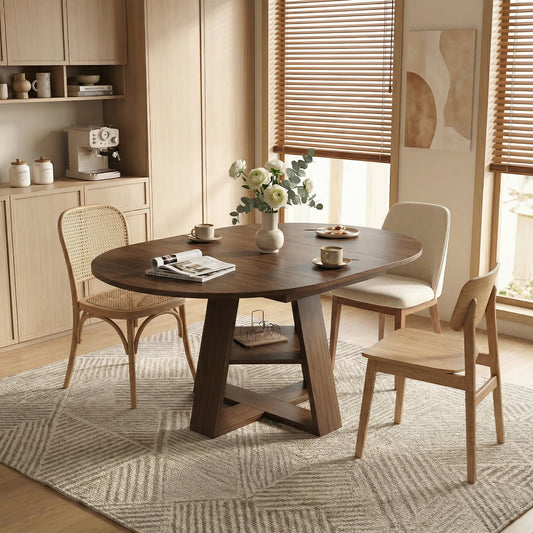 43.3in-59in Extendable Round Dining Table for 4-8,Modern Kitchen Oval Dining Table with Removable Leaves Space Saving,Wood Base with Storage Shelf for Kitchen Living Room ((Walnut)) - Finally Home Furnishings LLC