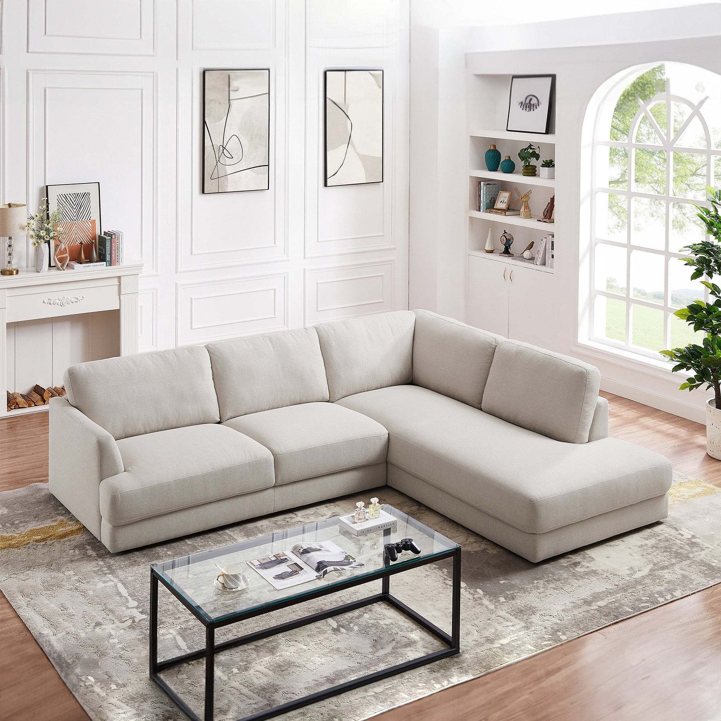 Glander Cozy Sectional Sofa Right Facing Linen Fabric Cream Mid-Century Modern Design - detail view 2